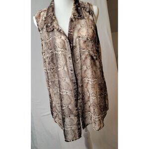 Olive & Oak Snakeskin Print Sleeveless Button Down Blouse Brown Tan XL Chic